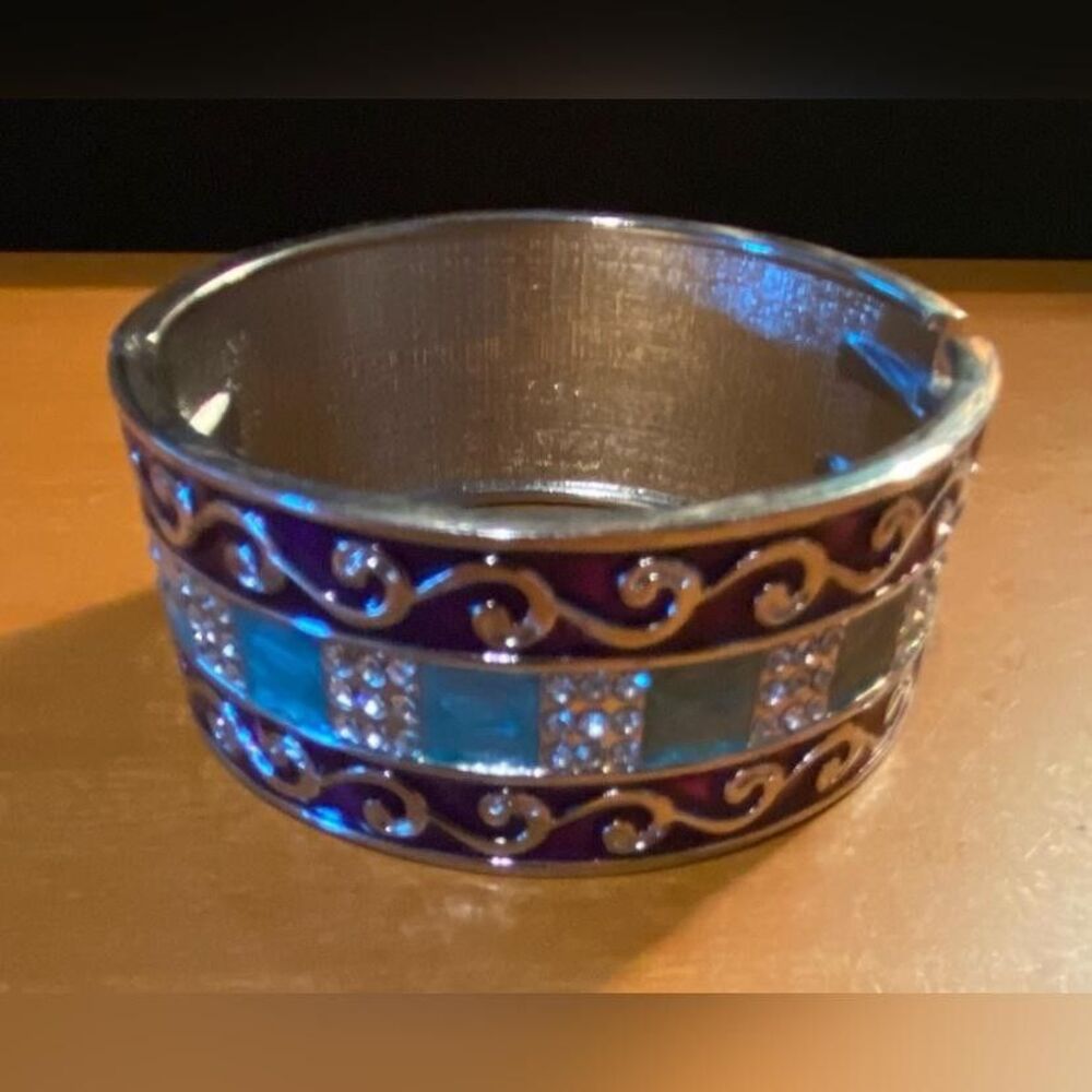 Purple Enamel Blue Stone Rhinestone Cuff Bracelet 7” Mosaic Vintage